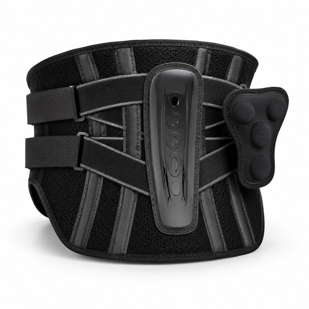 Black 360 degree back support brace with adjustable compression straps