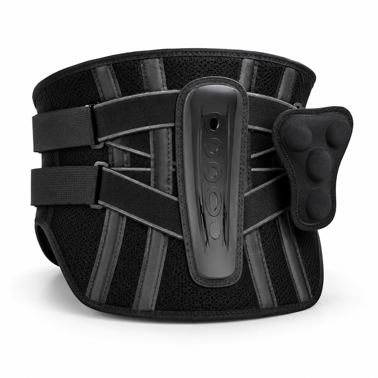 Black 360 degree back support brace with adjustable compression straps