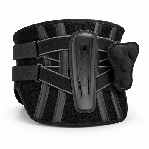 Black 360 degree back support brace with adjustable compression straps