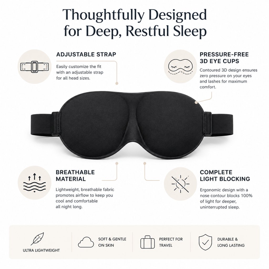 3D contoured sleep mask with pressure-free eye cups and light-blocking design