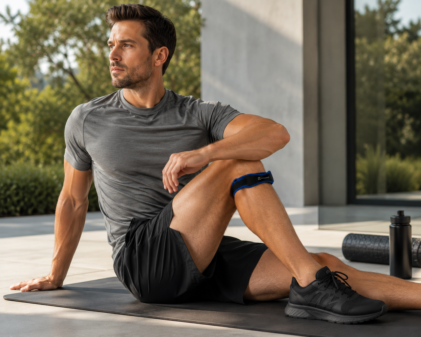 Man wearing an adjustable patella knee strap for sports and knee support