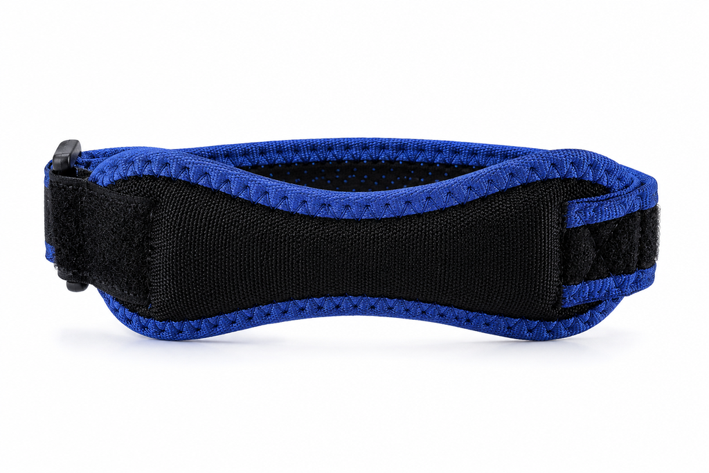 Blue adjustable patella knee strap with targeted support pad