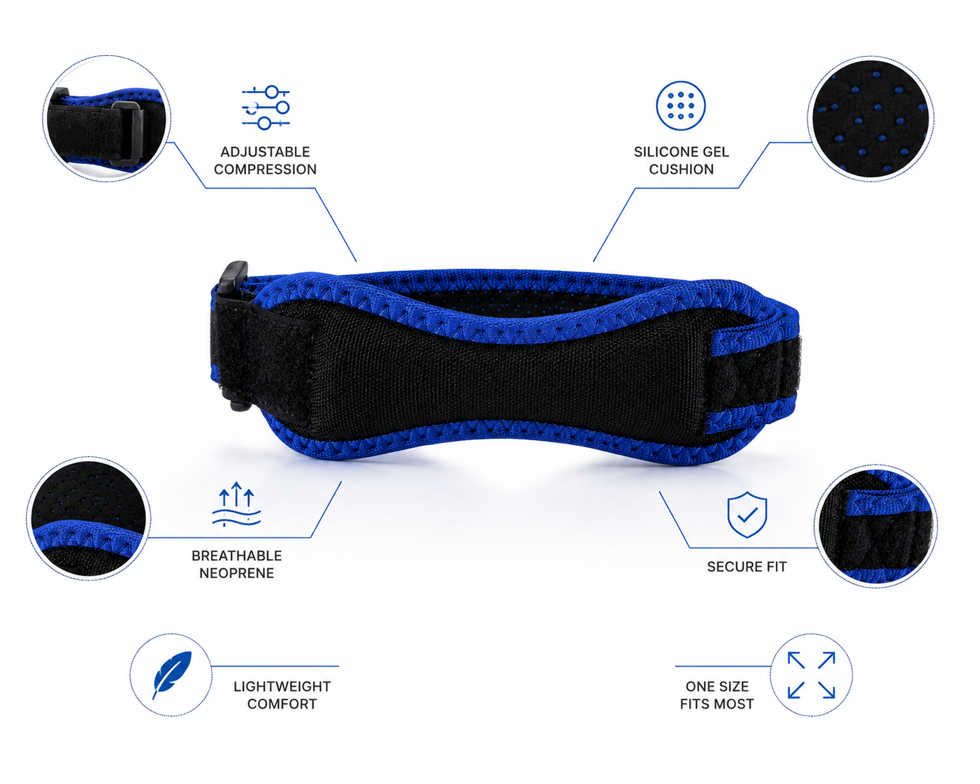 Adjustable patella knee strap showing support design and product features