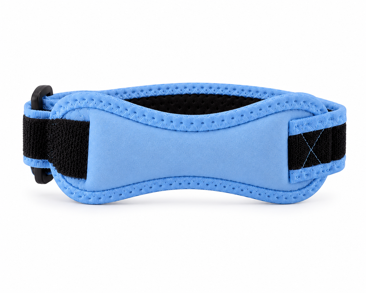 Light blue adjustable patella knee strap with targeted support pad