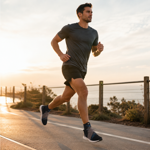 Man running outdoors while using an ankle compression brace