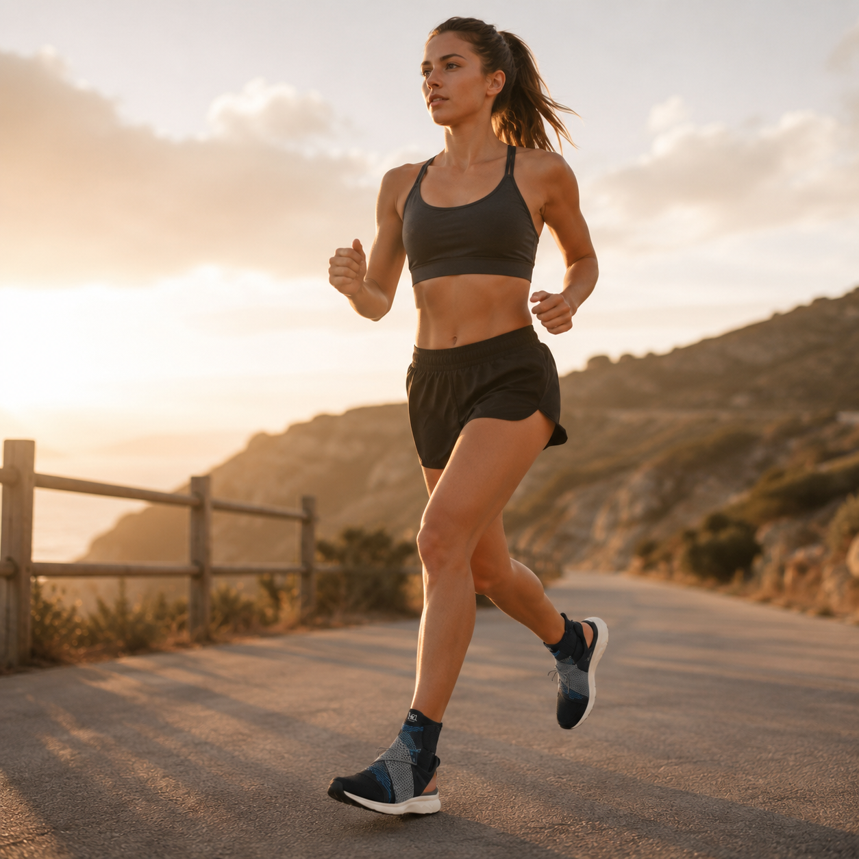 Woman running outdoors with adjustable ankle support