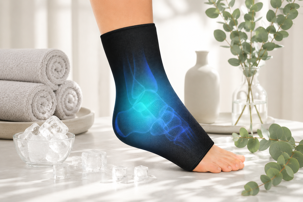 Ankle ice pack wrap worn at home for comfortable hot or cold therapy