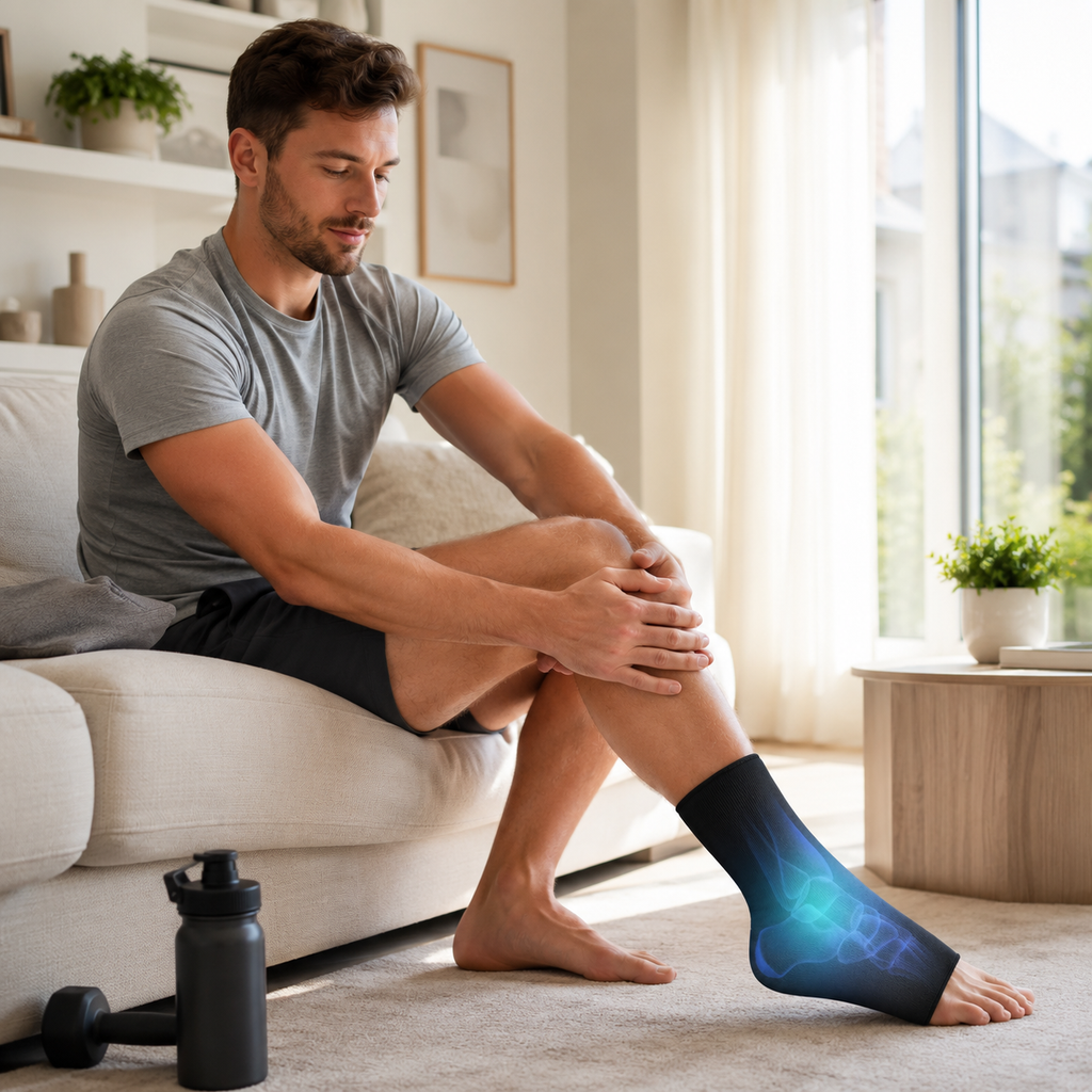 Man wearing an ankle compression wrap during post-workout recovery