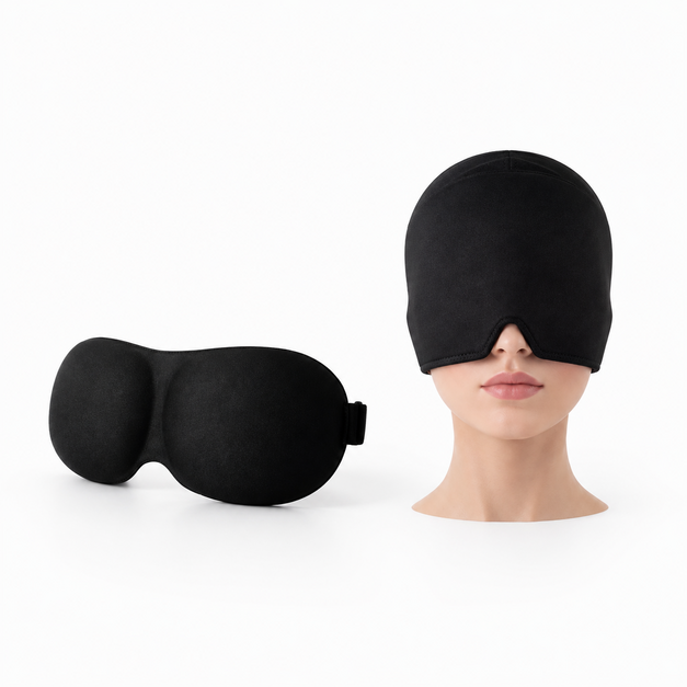 Black 3D contoured sleep mask showing ergonomic fit and eye contours