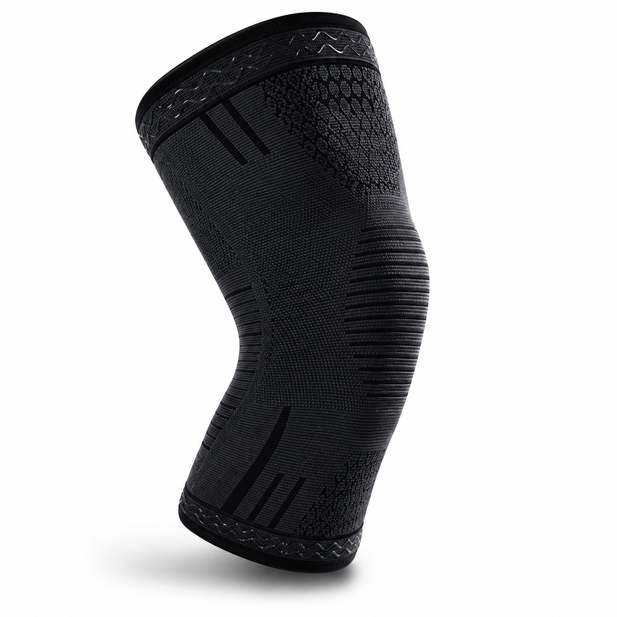 sleeve
Black compression knee sleeve with flexible support and textured knit fabric