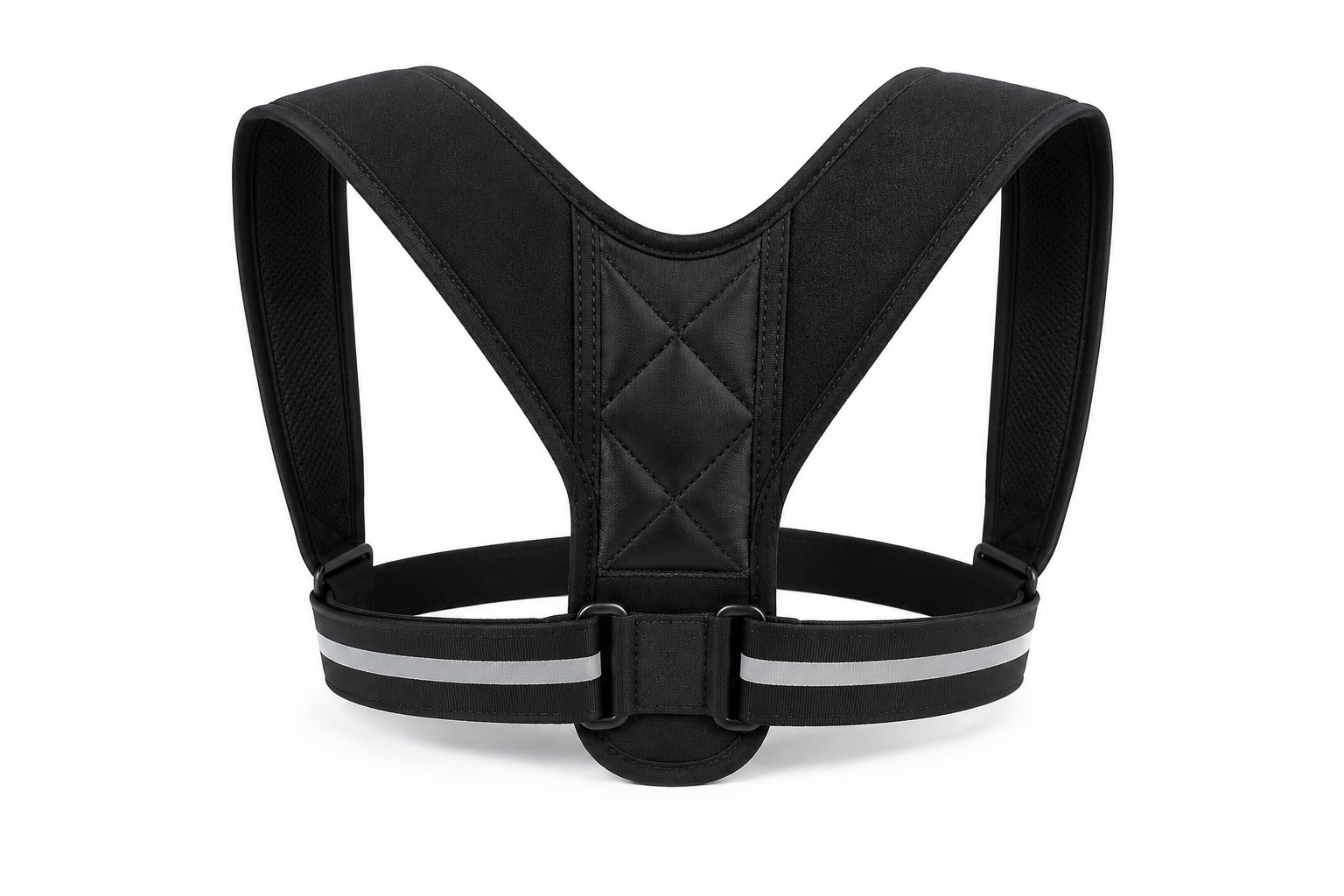 Black adjustable posture corrector with shoulder straps and upper back support
