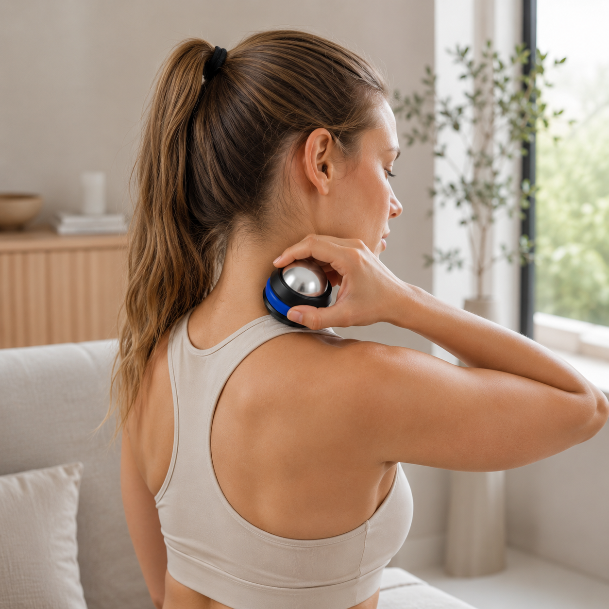 Woman using a cold massage roller ball on her shoulder for muscle recovery