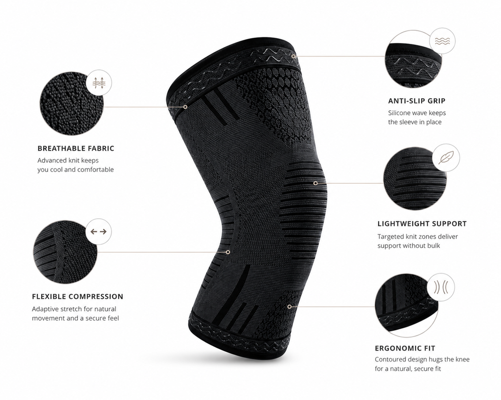 Compression knee sleeve showing supportive design and product features