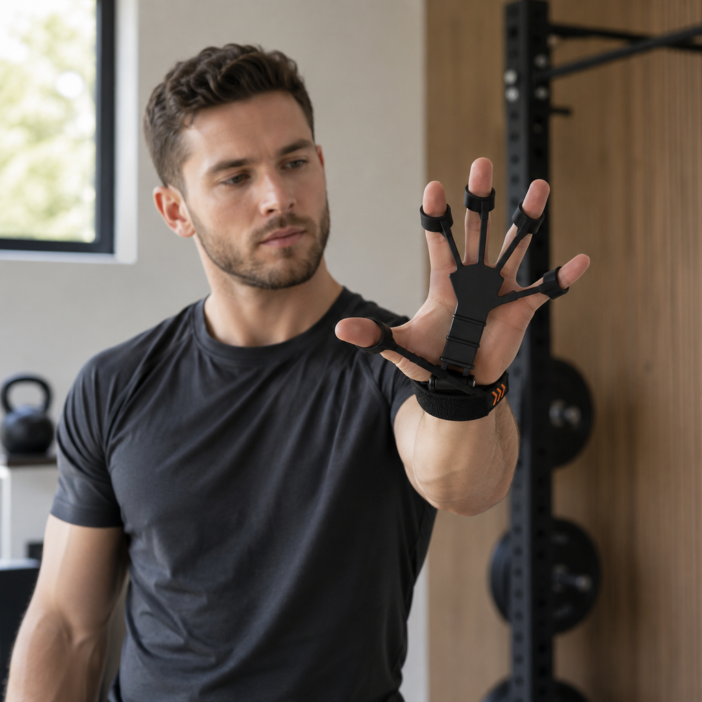 Man using a finger resistance trainer for hand and grip strength exercise