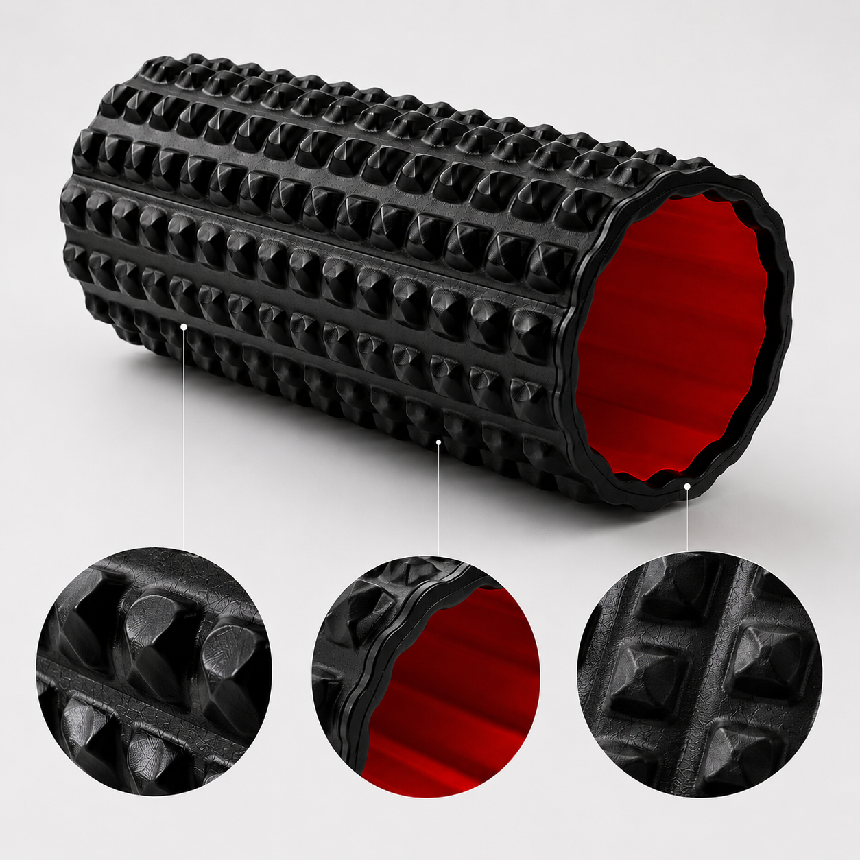 High-density foam roller with textured surface and red core