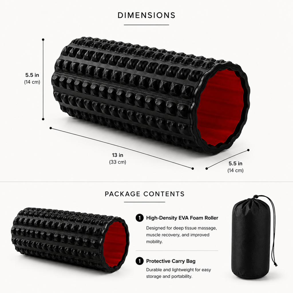 High-density textured foam roller with product dimensions and feature