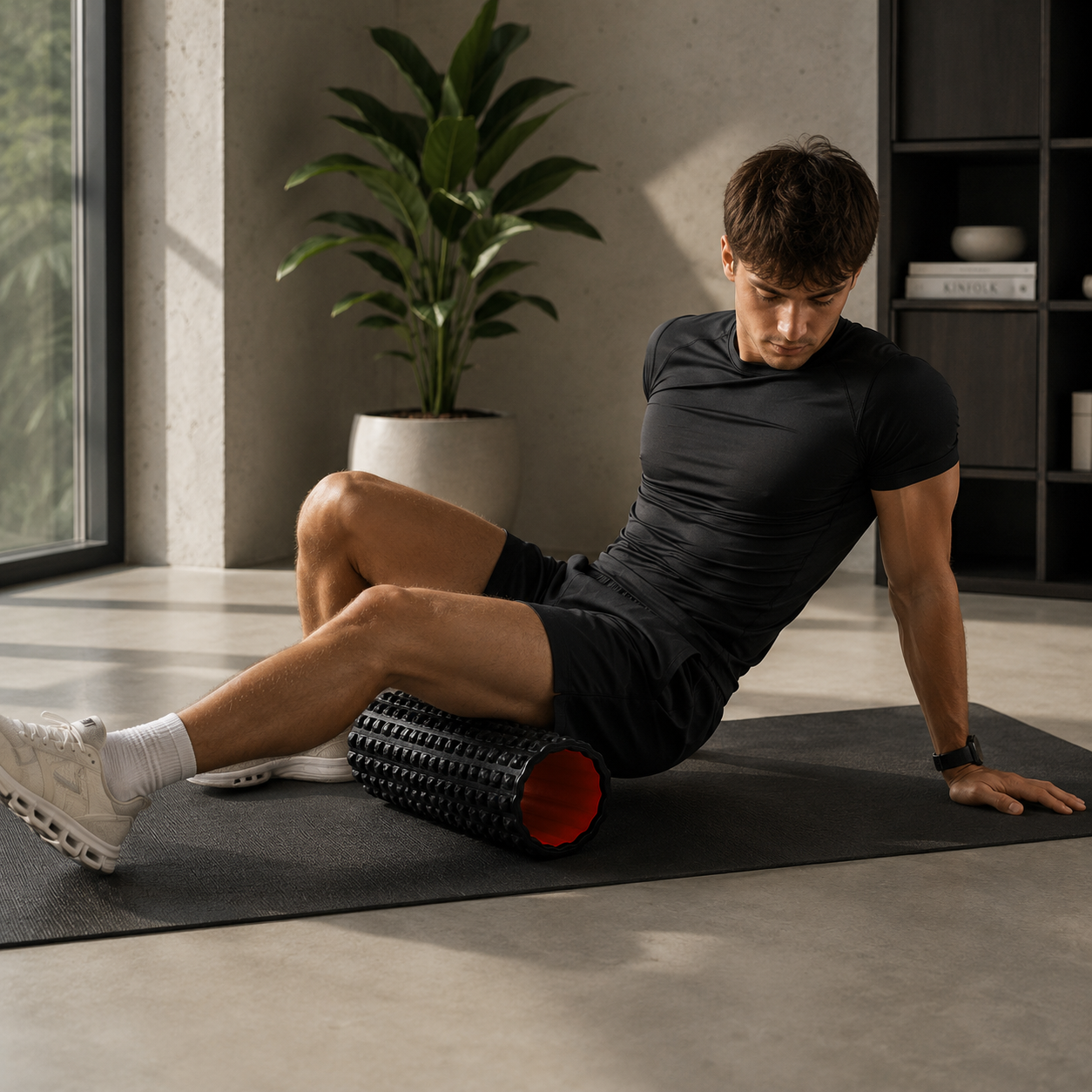 Man using a foam roller for leg muscle recovery