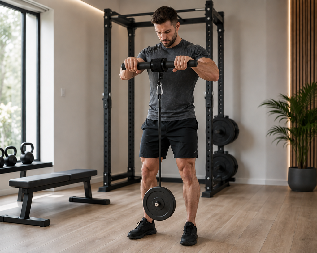 Wrist and forearm training with a weighted wrist roller in a gym