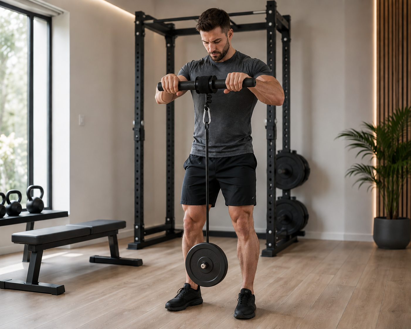 Wrist and forearm training with a weighted wrist roller in a gym