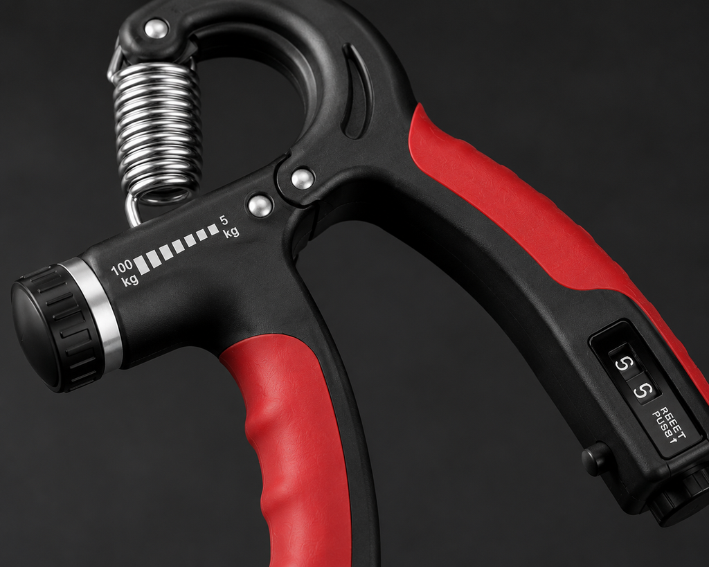 adjustment
Close-up of adjustable resistance dial on a grip strength trainer