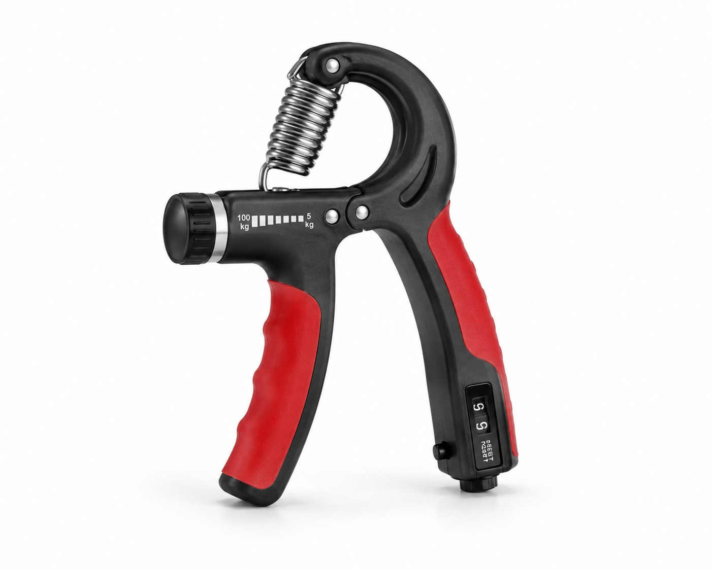 Red and black adjustable grip strength trainer with built-in counter