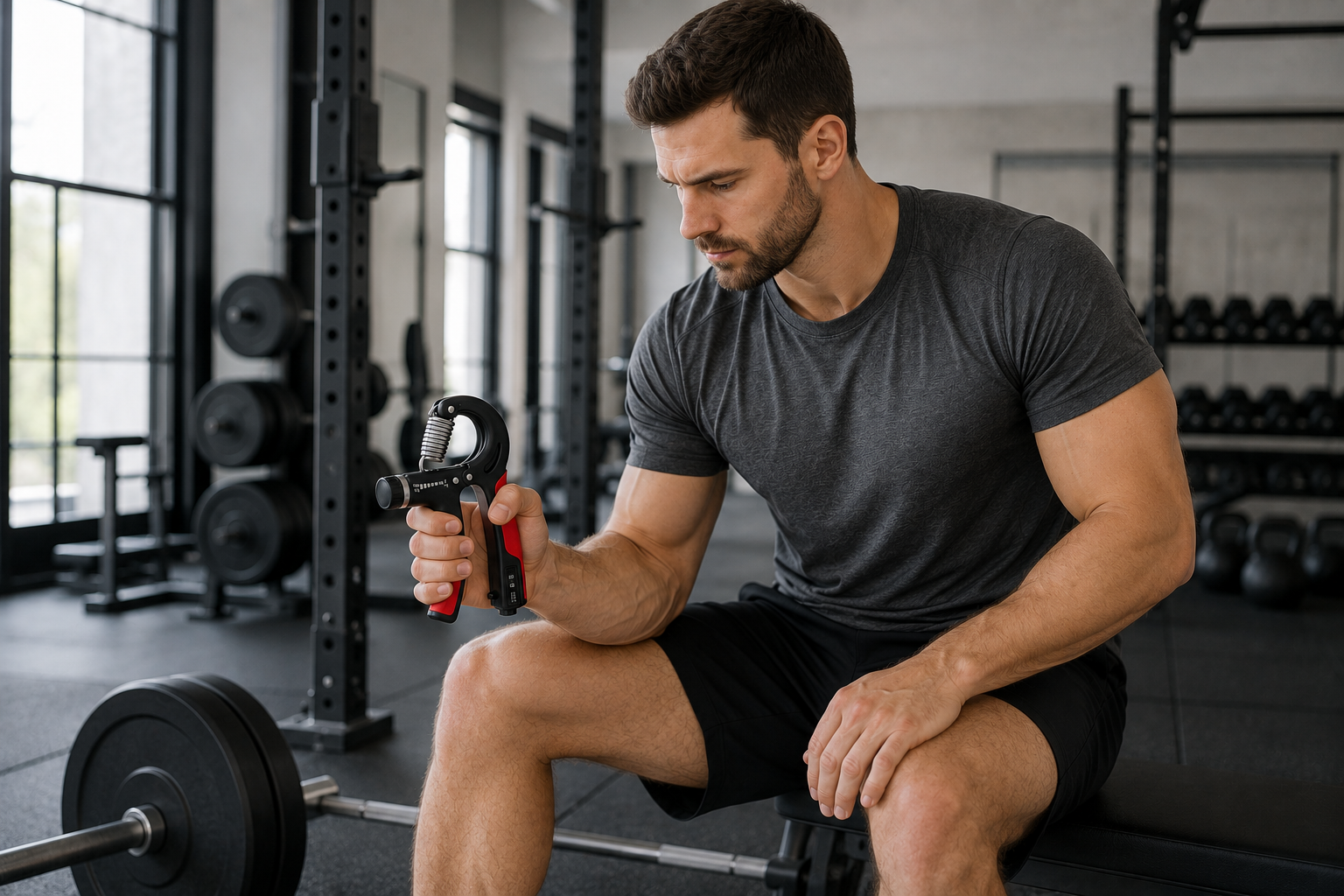 Man using an adjustable grip strength trainer during a workout