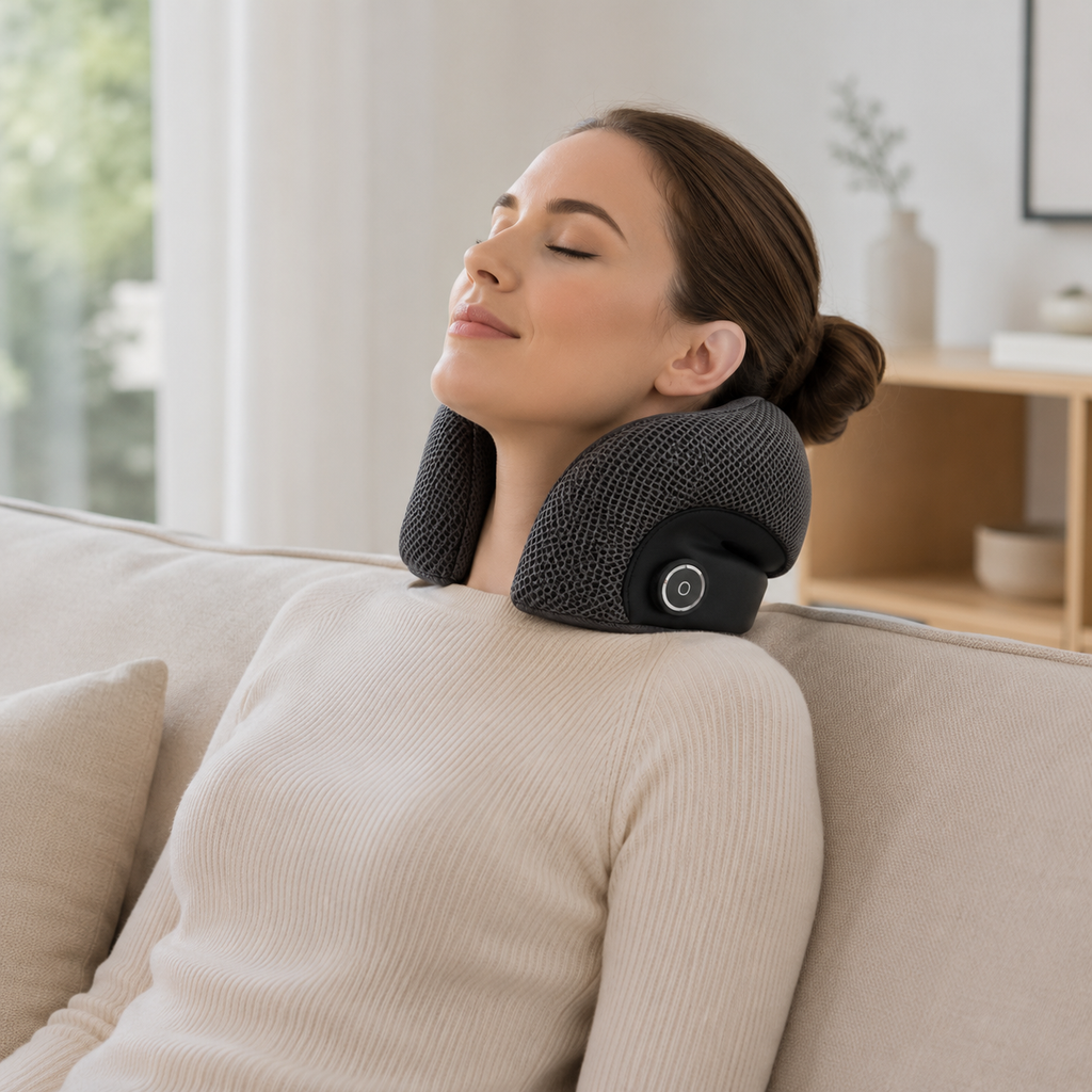 Woman using a heated neck stretcher while relaxing at home