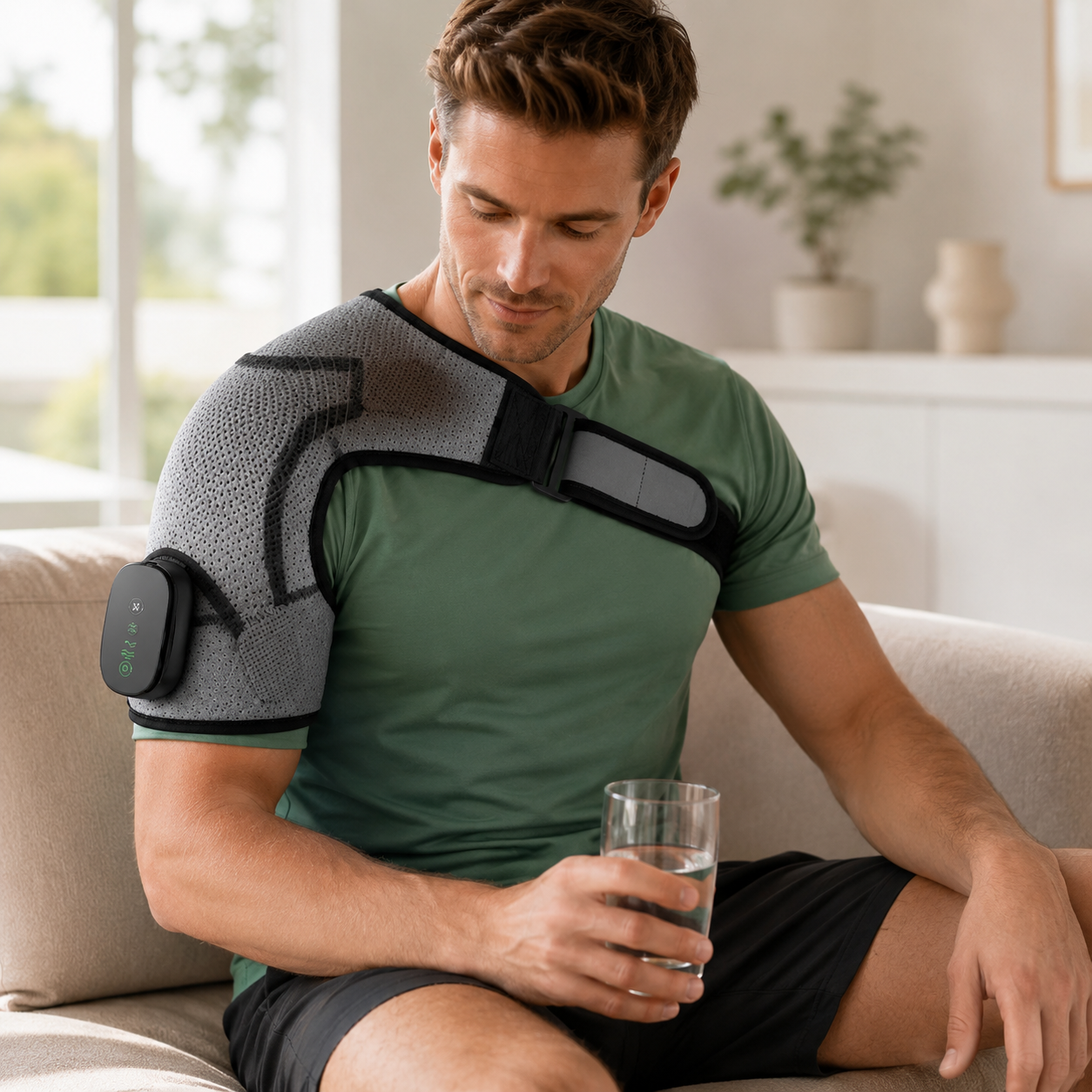 Man wearing a heated shoulder massager with adjustable chest strap