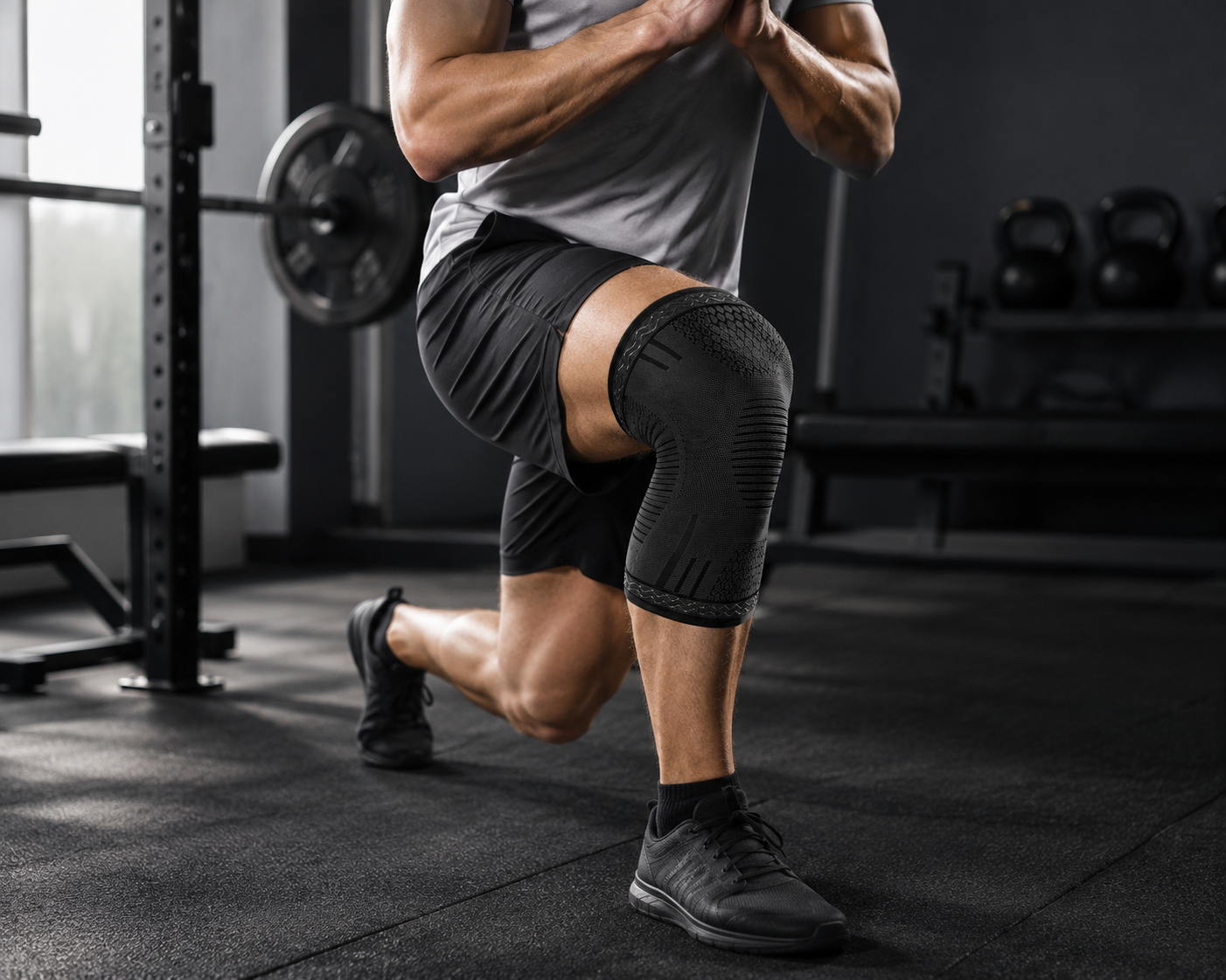 Man wearing a compression knee sleeve during strength training