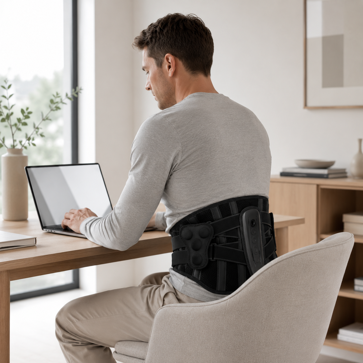 Lumbar support brace worn while sitting for comfortable lower back support