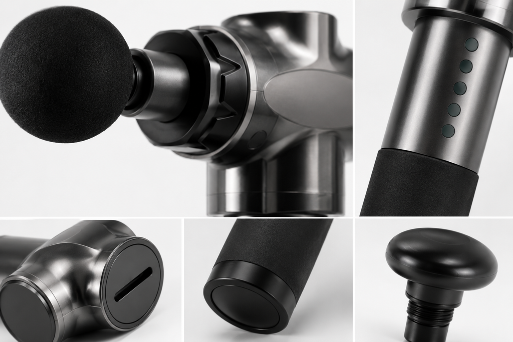 Close-up of deep tissue massage gun and massage attachment