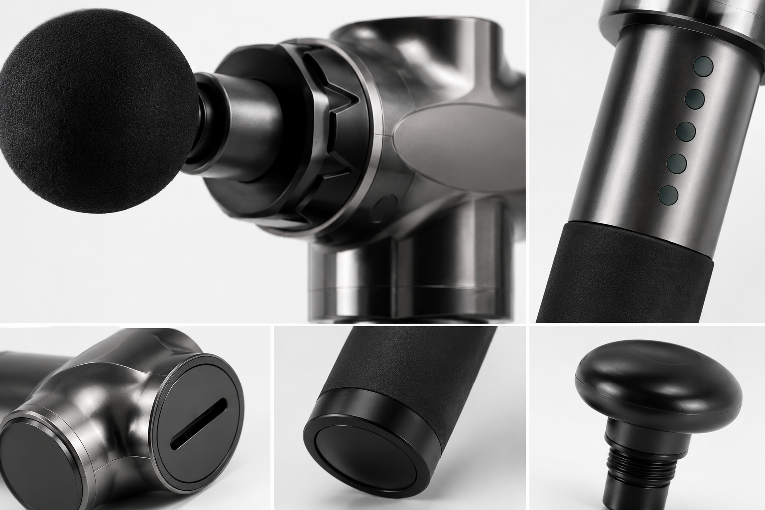 Close-up of deep tissue massage gun and massage attachment