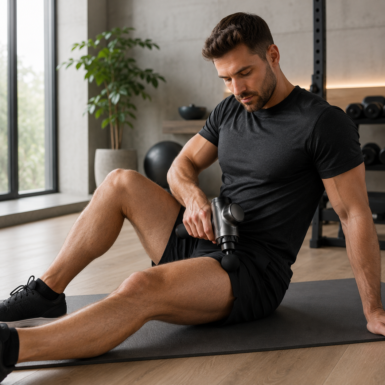 Man using a deep tissue massage gun for muscle recovery