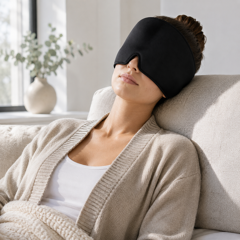 Woman relaxing while wearing a cooling migraine relief cap