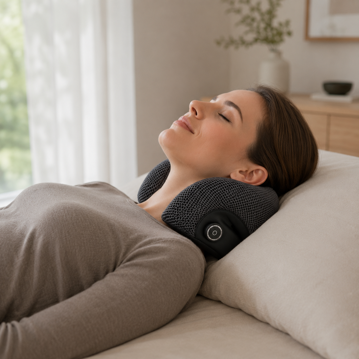 Woman resting comfortably with an ergonomic heated neck stretcher