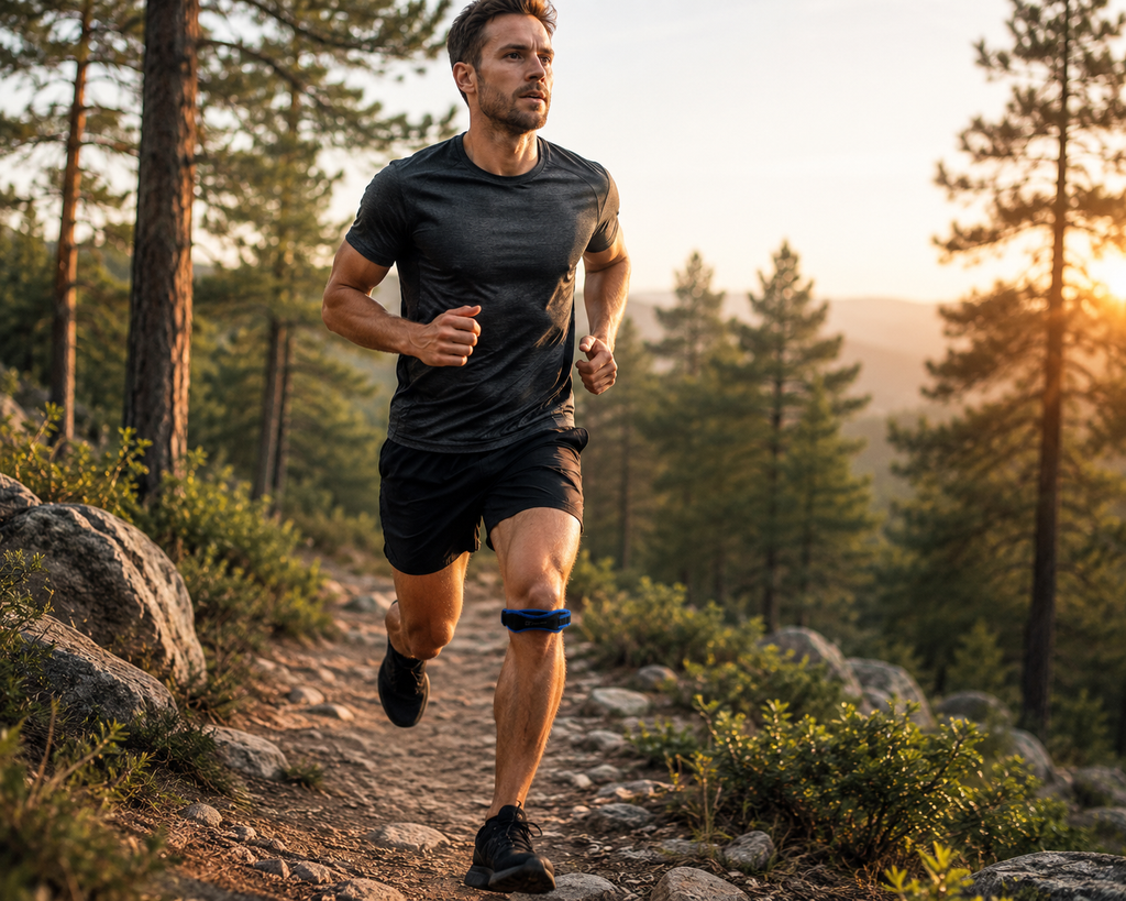Runner wearing an adjustable patella knee strap for knee support