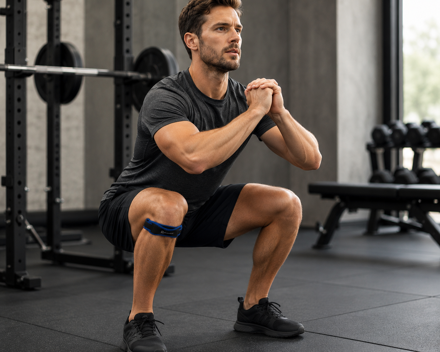 Man wearing an adjustable patella knee strap during a workout
