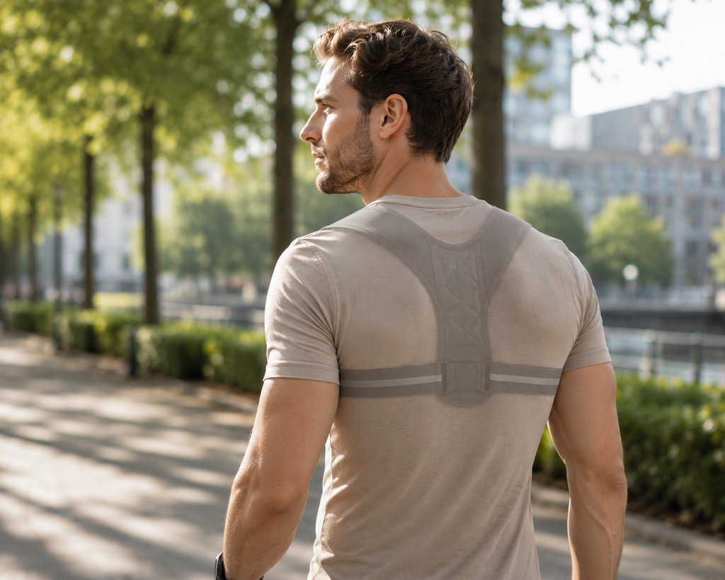 Man wearing an adjustable posture corrector for upper back support