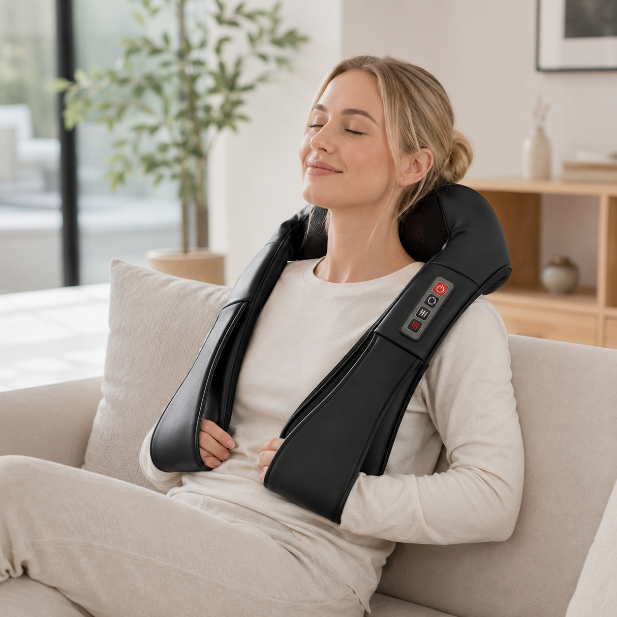 Woman relaxing at home with a Shiatsu neck and shoulder massager