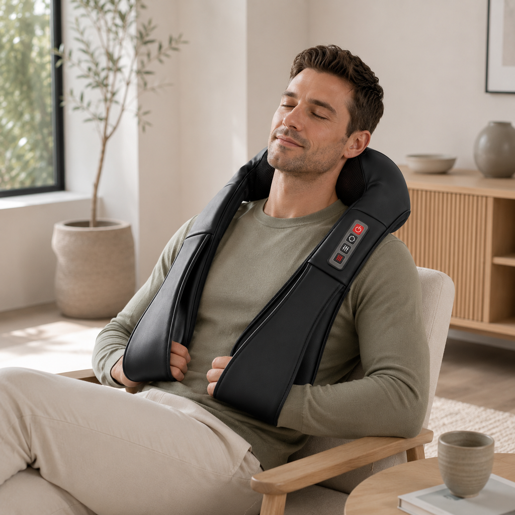 Man using a heated Shiatsu massager around his neck and shoulder