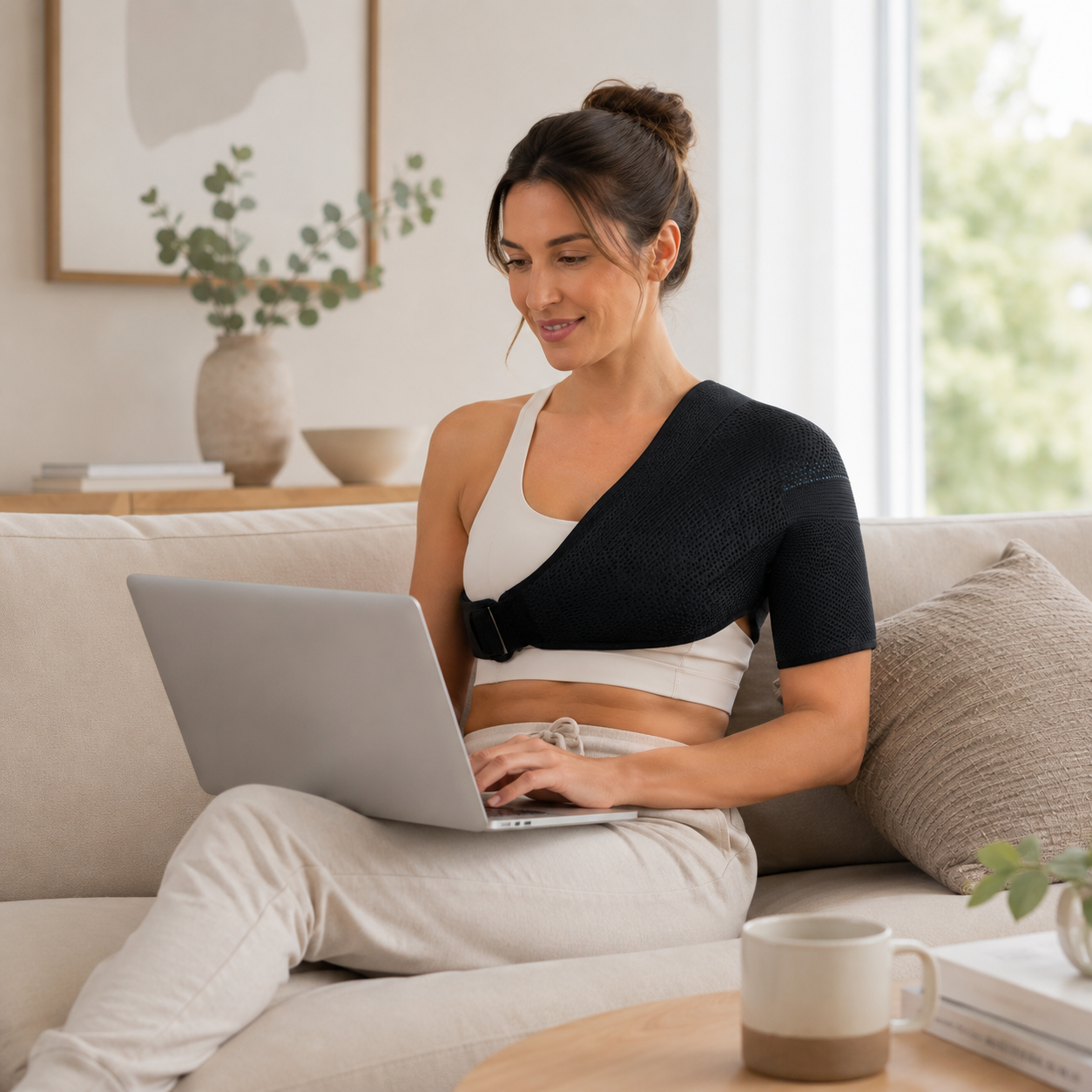 Adjustable shoulder compression wrap used for comfortable recovery at home