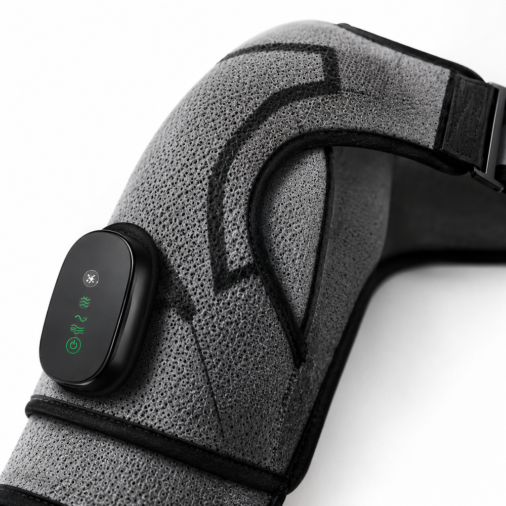 Close-up of heated shoulder massager with control panel and adjustable strap