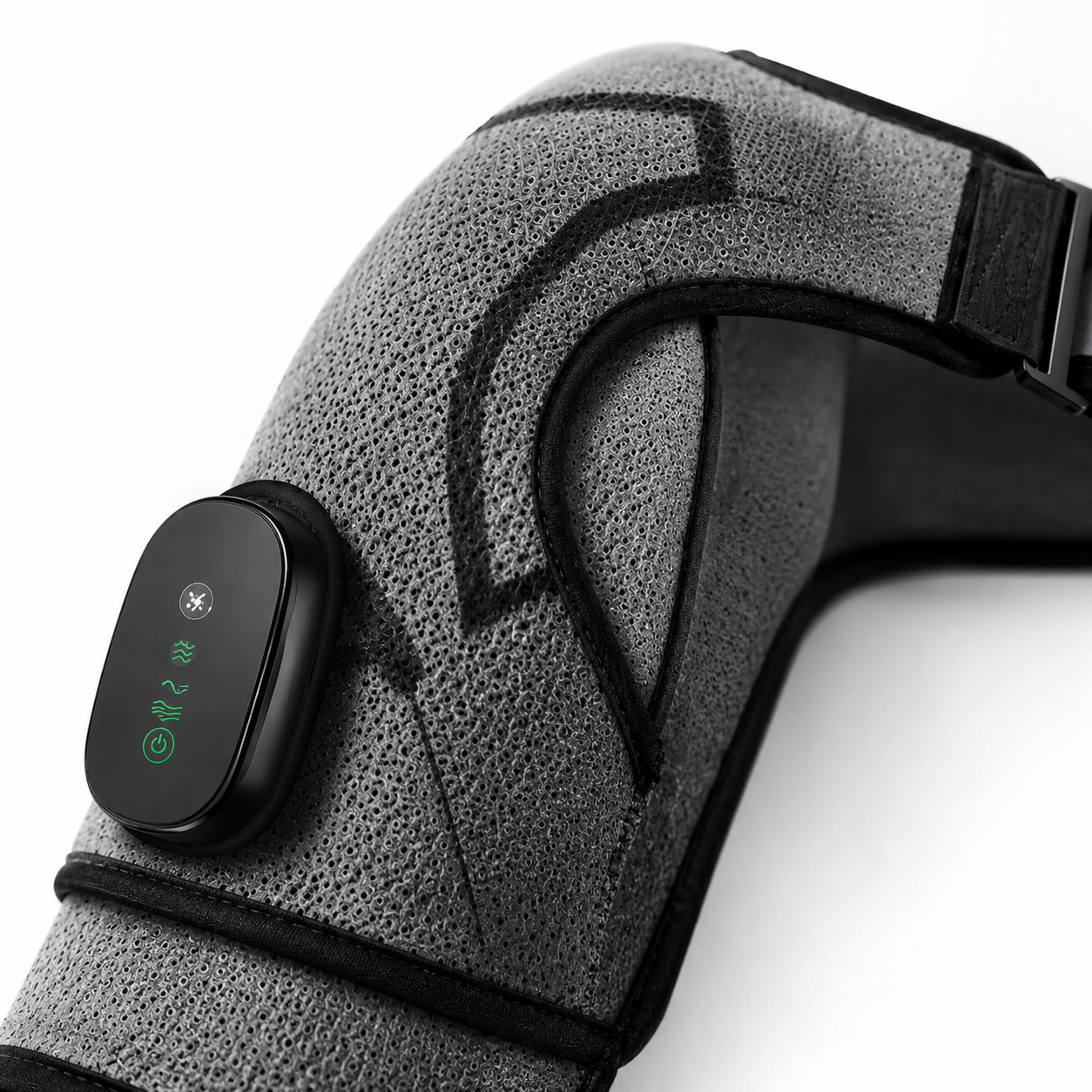 Close-up of heated shoulder massager with control panel and adjustable strap