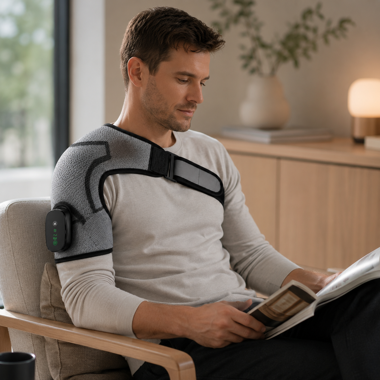 Man relaxing at home while wearing a heated shoulder massage