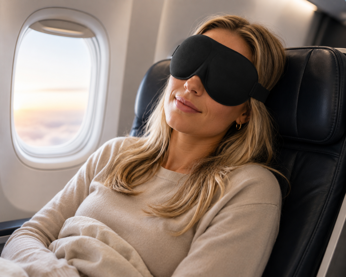 Woman resting on a plane wearing a black 3D contoured sleep mask