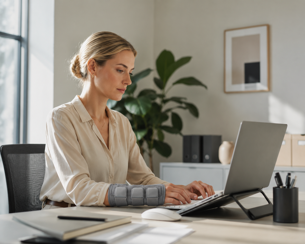 Woman wearing a wrist brace while working at a computer