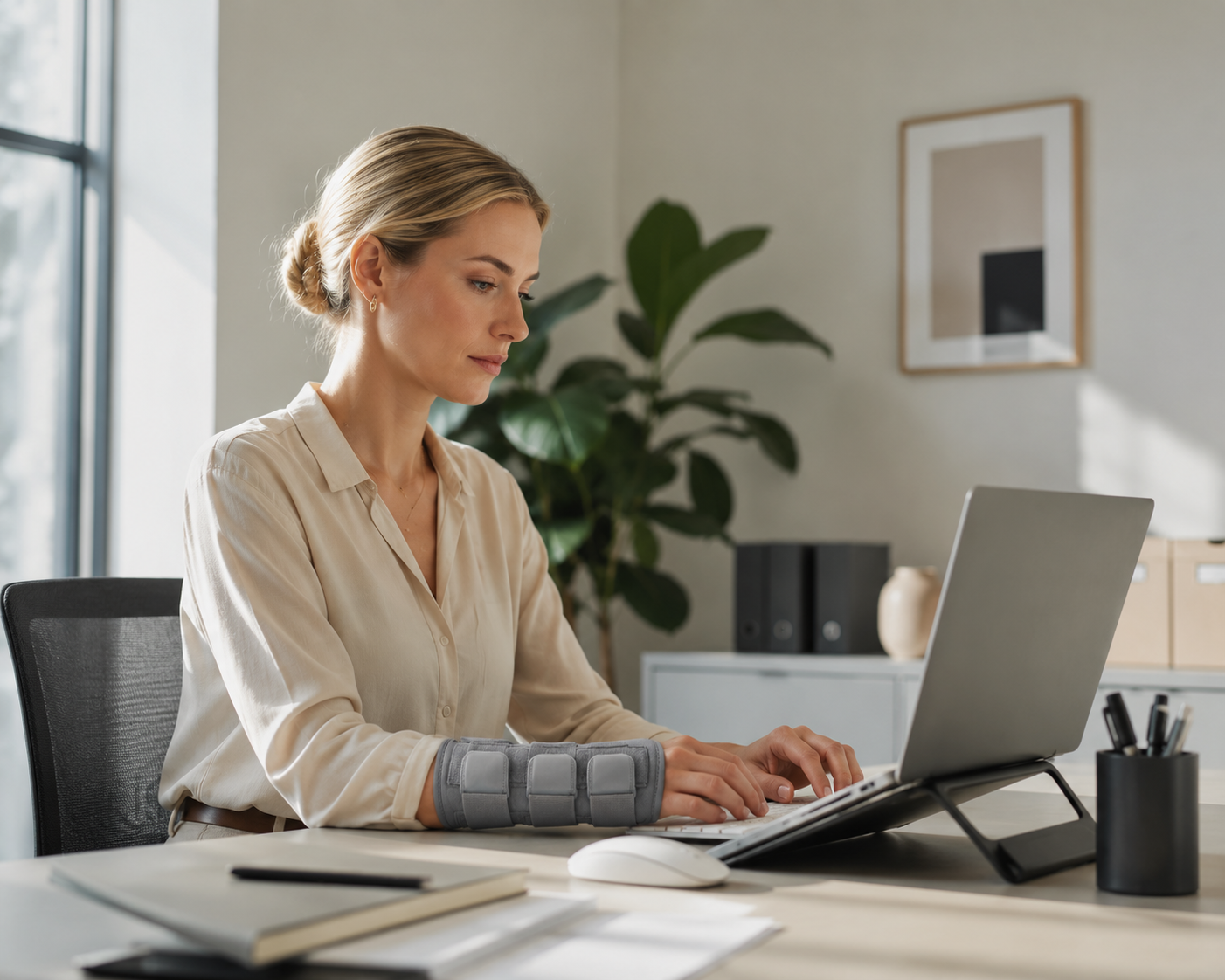 Woman wearing a wrist brace while working at a computer