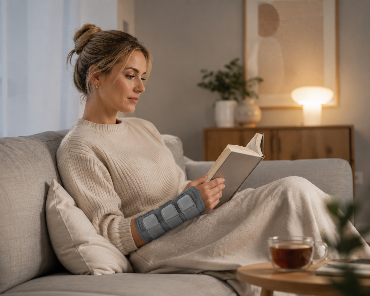 Woman wearing an adjustable wrist brace for comfortable everyday wrist support
