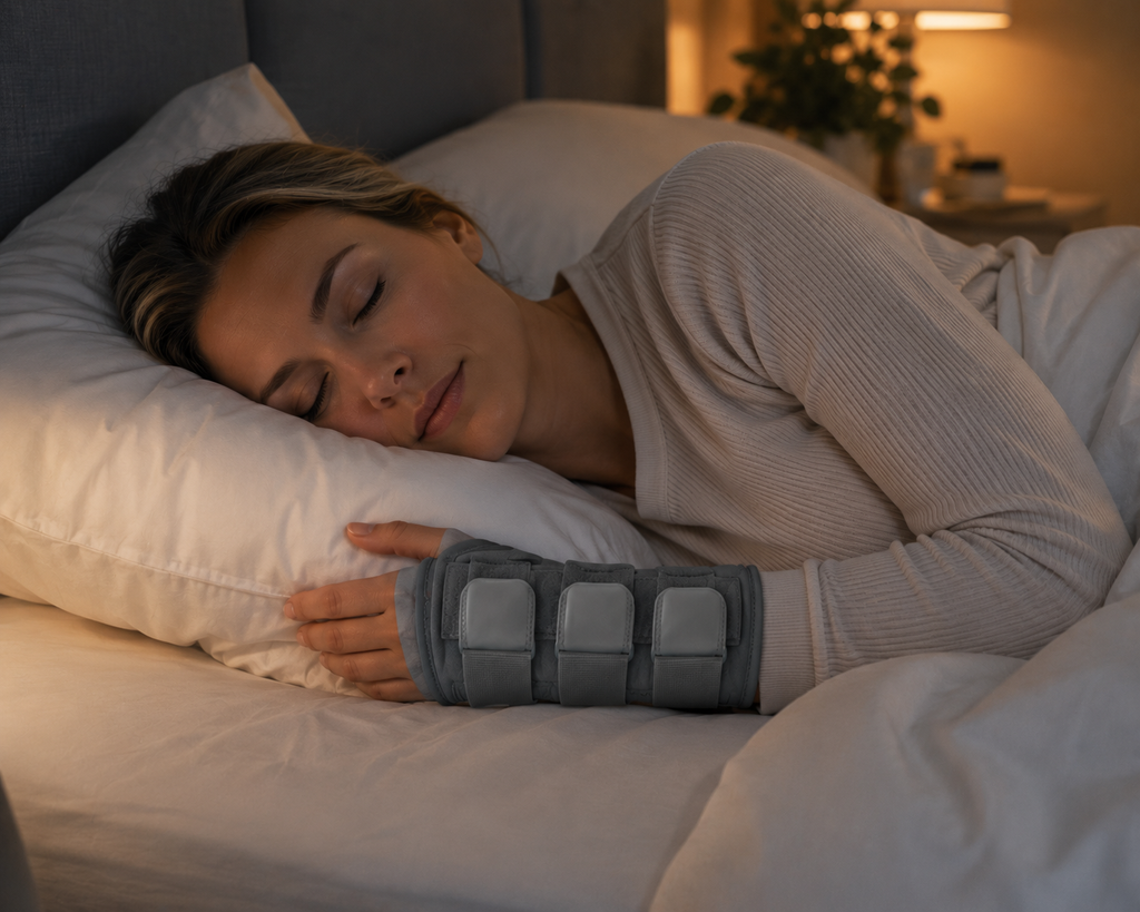 Woman wearing a wrist brace in bed for comfortable nighttime wrist support