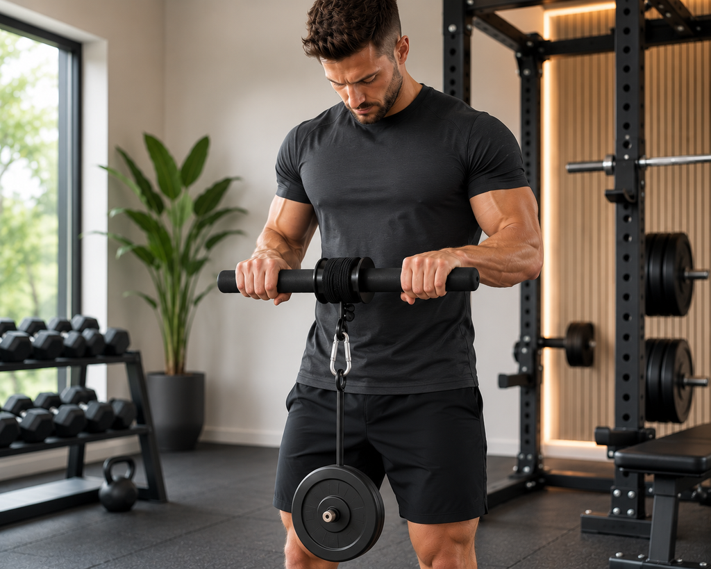 Man training his wrists and forearms with a wrist roller
